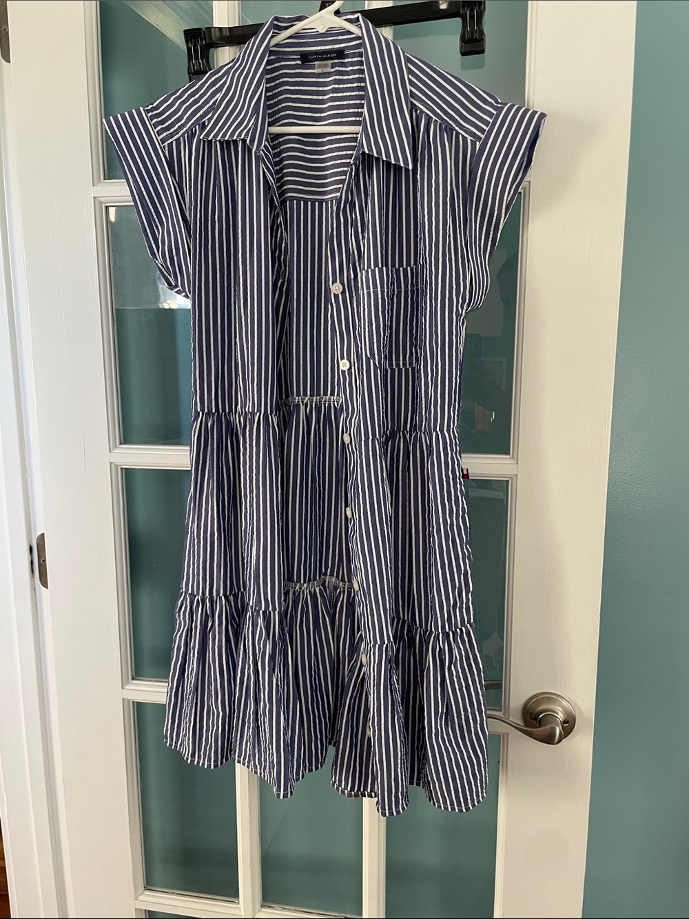 Tommy Hilfiger Navy and White Striped Tiered Shirt Dress